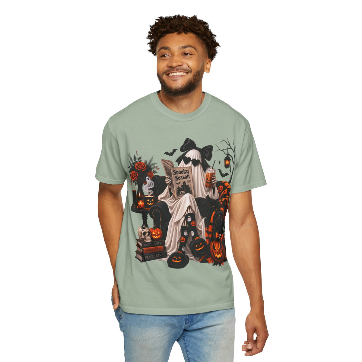 Halloween Ghost Reading T-Shirt — Spooky Pumpkin & 'Spooky Season' Graphic