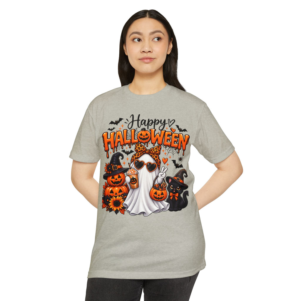 Halloween Ghost Tee - "Happy Halloween" Cute Pumpkin & Black Cat Graphic T-Shirt