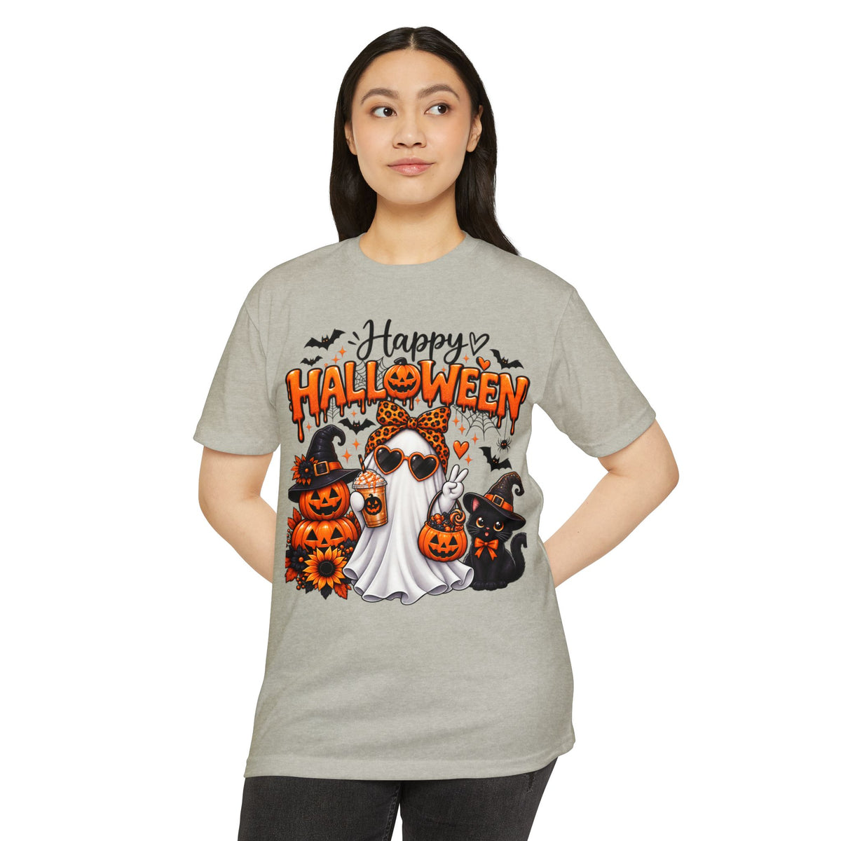 Halloween Ghost Tee - "Happy Halloween" Cute Pumpkin & Black Cat Graphic T-Shirt