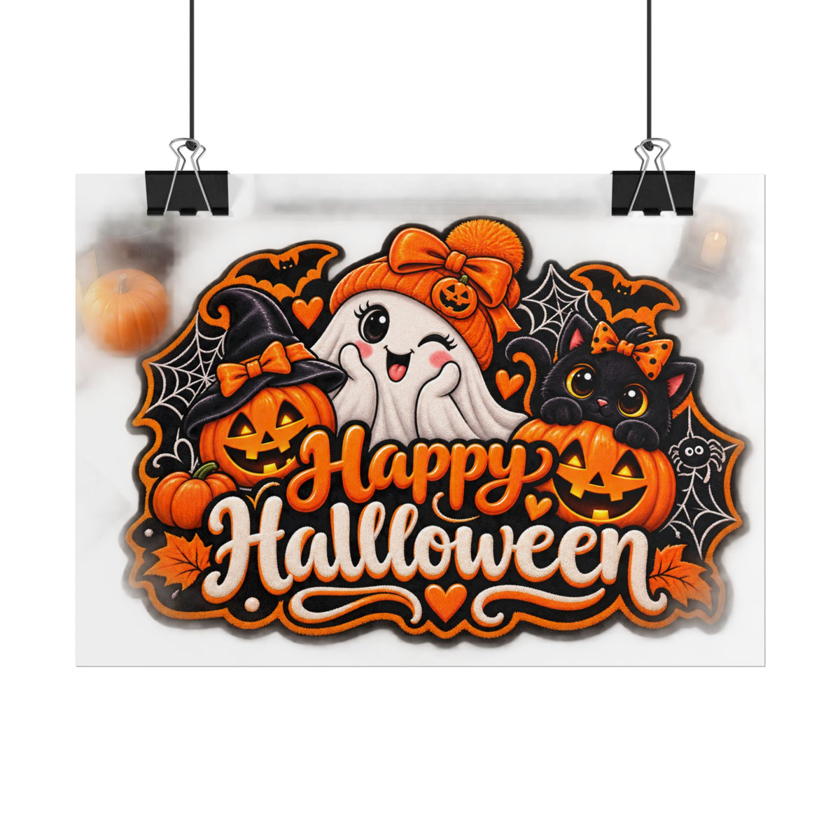 Happy Halloween Rolled Poster — Cute Ghost, Pumpkins & Black Cat Halloween Wall Art
