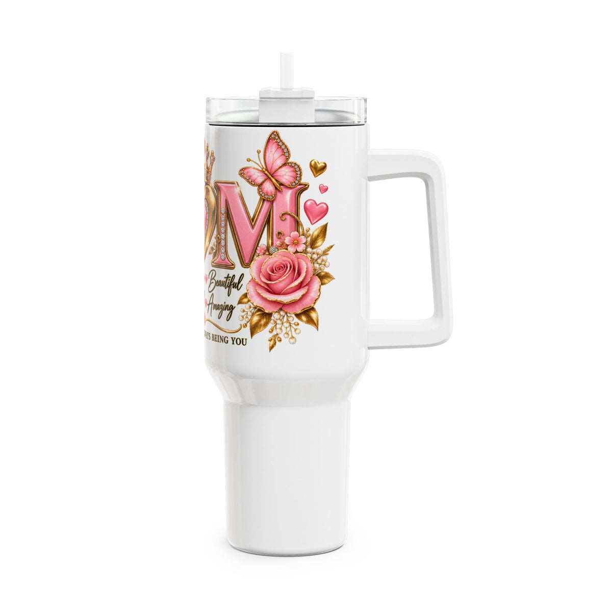 Mom 40oz Tumbler – Pink Floral Crowned Heart Travel Mug, 'Thank You For Always Being You' Gift