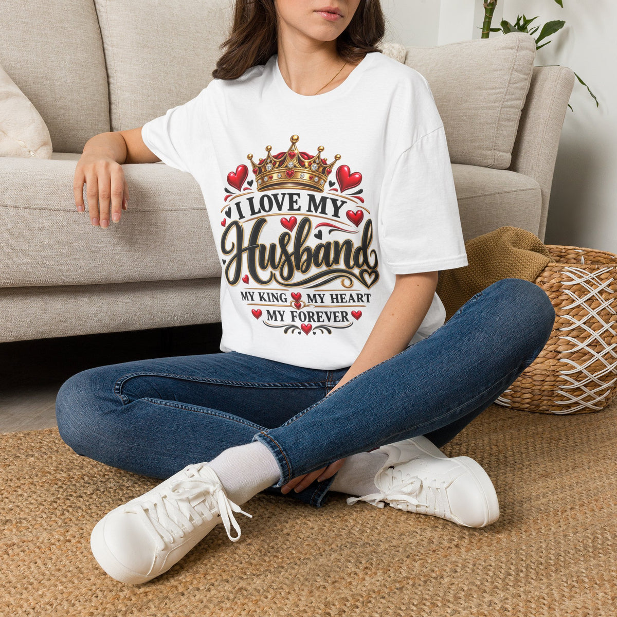 I Love My Husband T‑Shirt — Crown & Hearts Romantic Gift for Wife (My King, My Heart)