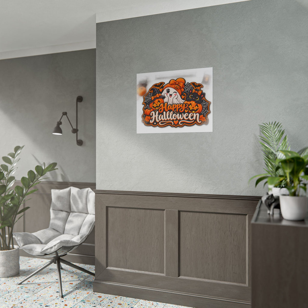 Happy Halloween Rolled Poster — Cute Ghost, Pumpkins & Black Cat Halloween Wall Art