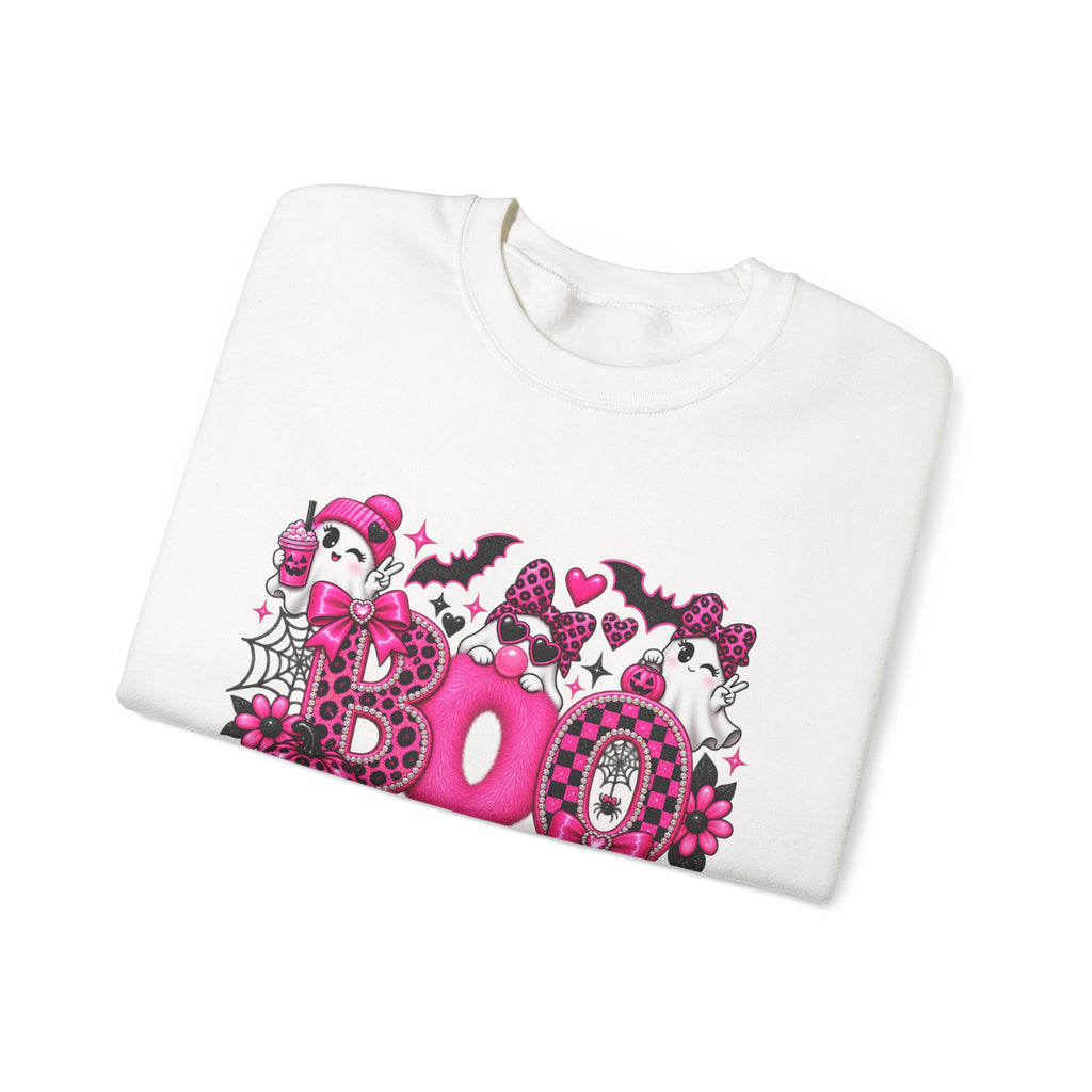 Halloween 'Boo' Graphic Sweatshirt — Cute Pink Ghosts & Bats Cozy Pullover