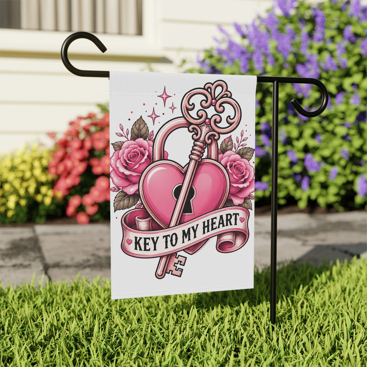 Garden Flag - "Key to My Heart" Romantic Heart & Key Floral Banner (Valentine’s Day, Anniversary)
