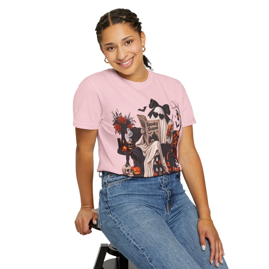 Halloween Ghost Reading T-Shirt — Spooky Pumpkin & 'Spooky Season' Graphic