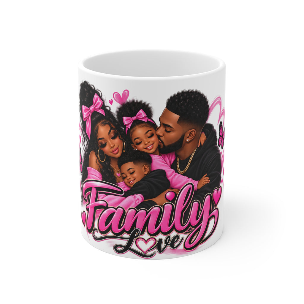 Family Love Mug — Black Family Coffee Cup with Pink Heart & Butterfly Design (11oz)