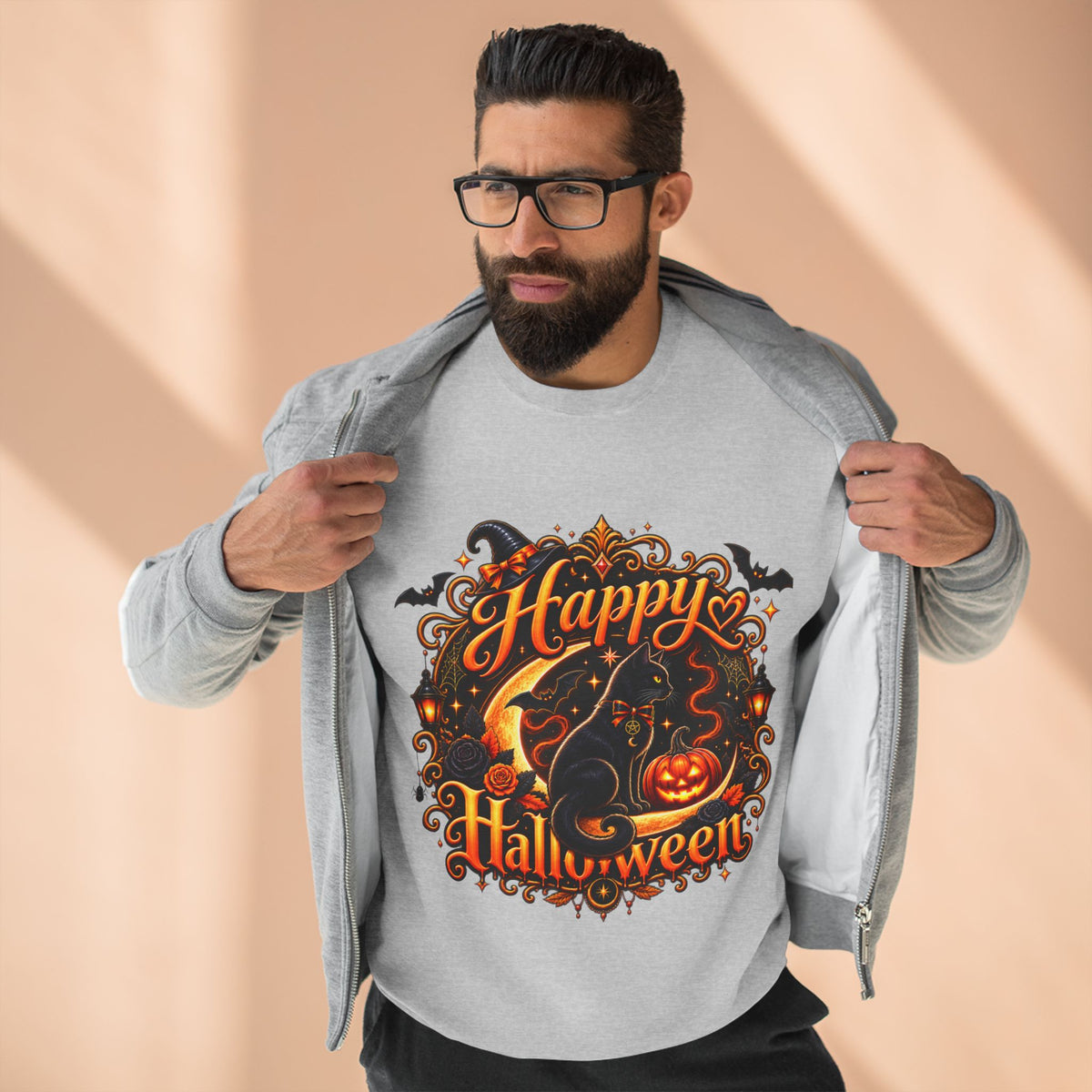 Happy Halloween Crewneck Sweatshirt — Festive Pumpkin & Witch Hat Holiday Sweater