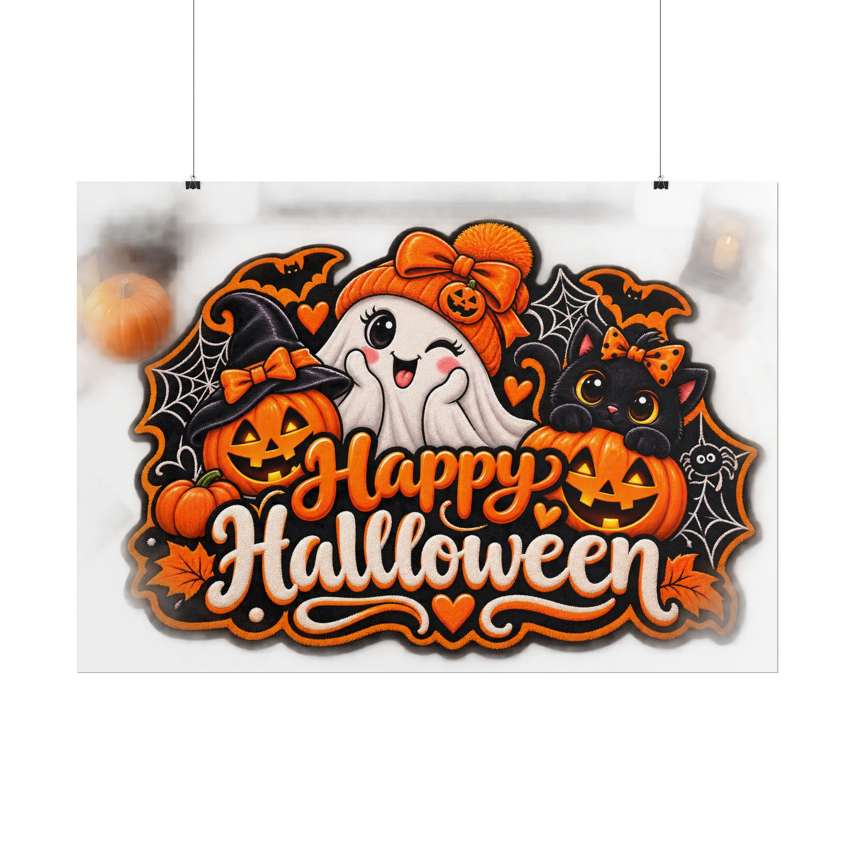 Happy Halloween Rolled Poster — Cute Ghost, Pumpkins & Black Cat Halloween Wall Art