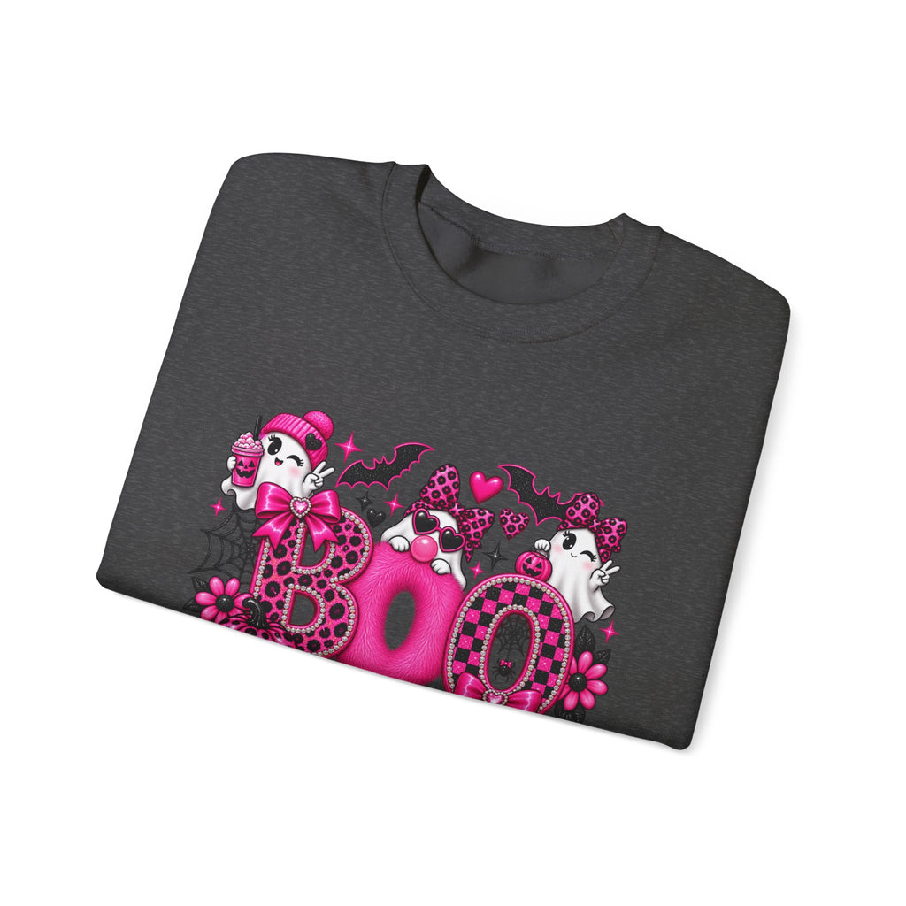 Halloween 'Boo' Graphic Sweatshirt — Cute Pink Ghosts & Bats Cozy Pullover