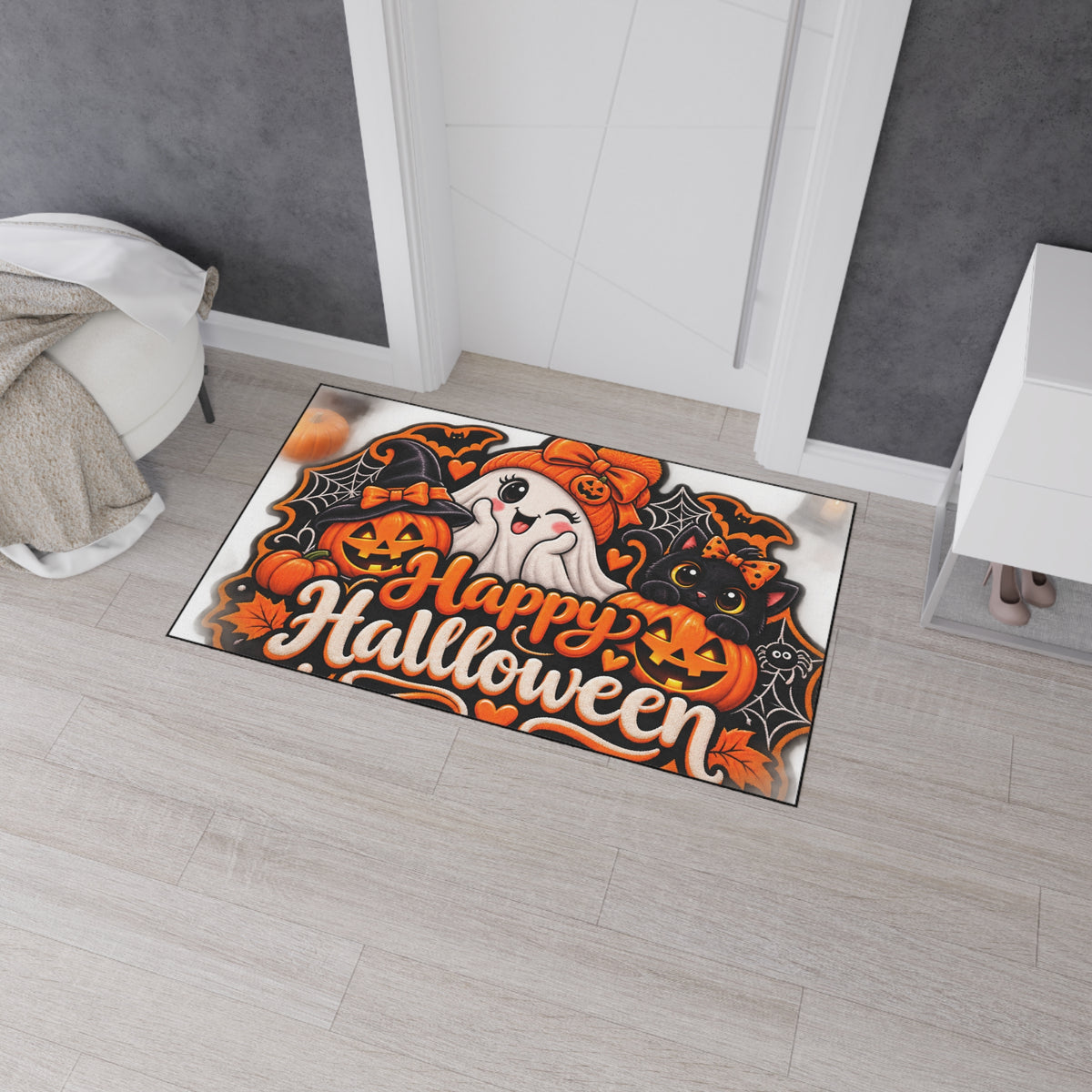 Halloween Doormat - Happy Halloween Cute Ghost & Black Cat Heavy Duty Floor Mat
