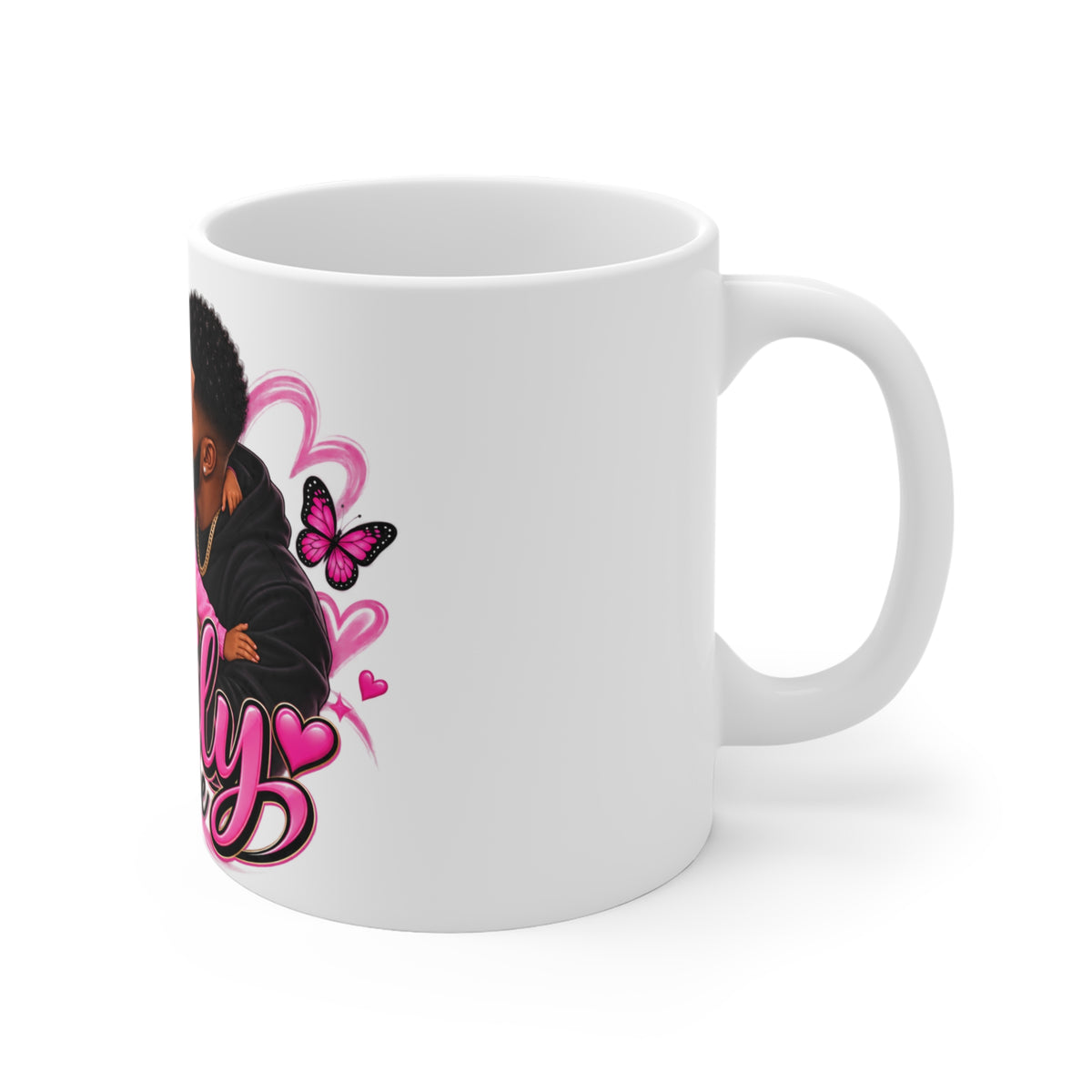 Family Love Mug — Black Family Coffee Cup with Pink Heart & Butterfly Design (11oz)