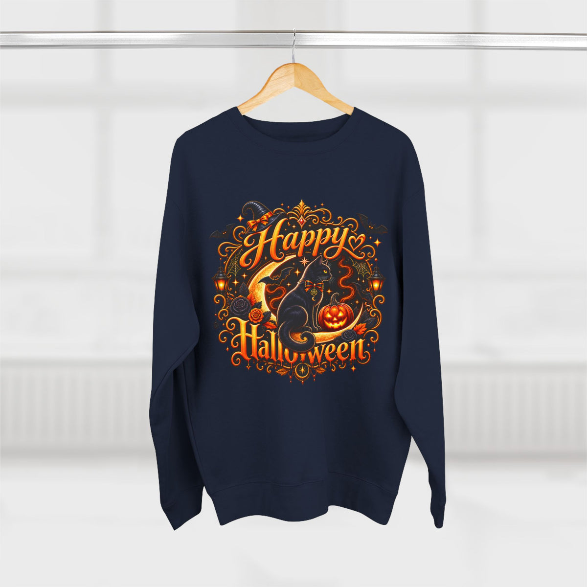 Happy Halloween Crewneck Sweatshirt — Festive Pumpkin & Witch Hat Holiday Sweater