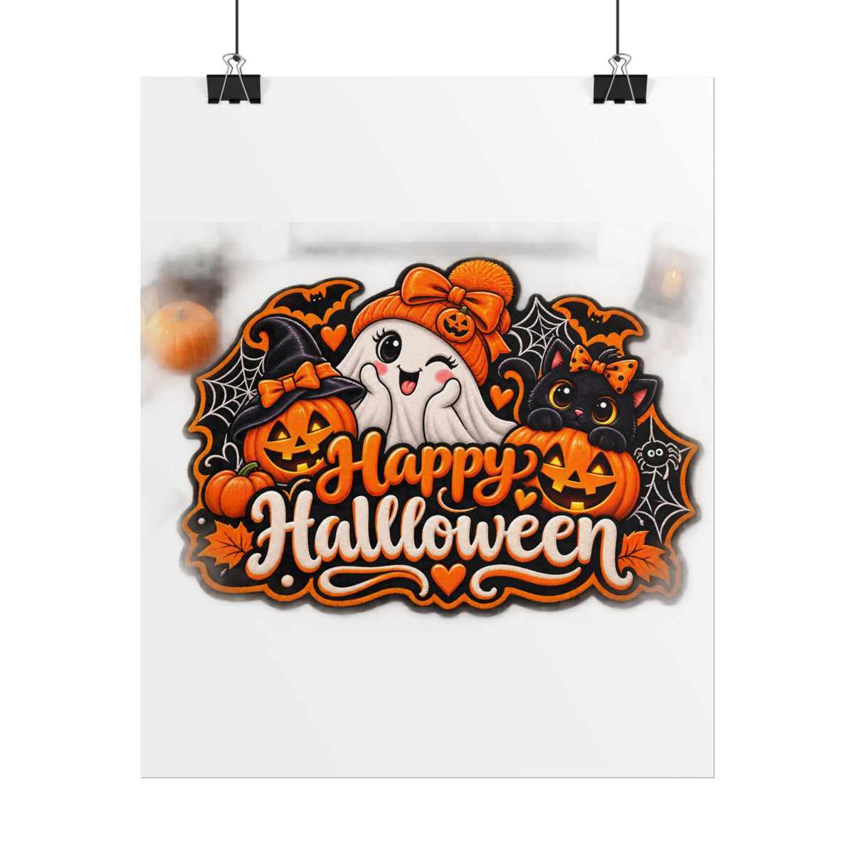 Happy Halloween Rolled Poster — Cute Ghost, Pumpkins & Black Cat Halloween Wall Art
