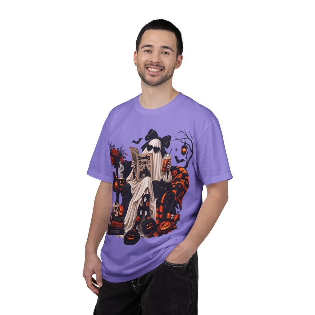 Halloween Ghost Reading T-Shirt — Spooky Pumpkin & 'Spooky Season' Graphic