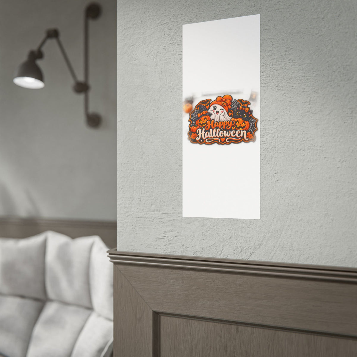 Happy Halloween Rolled Poster — Cute Ghost, Pumpkins & Black Cat Halloween Wall Art
