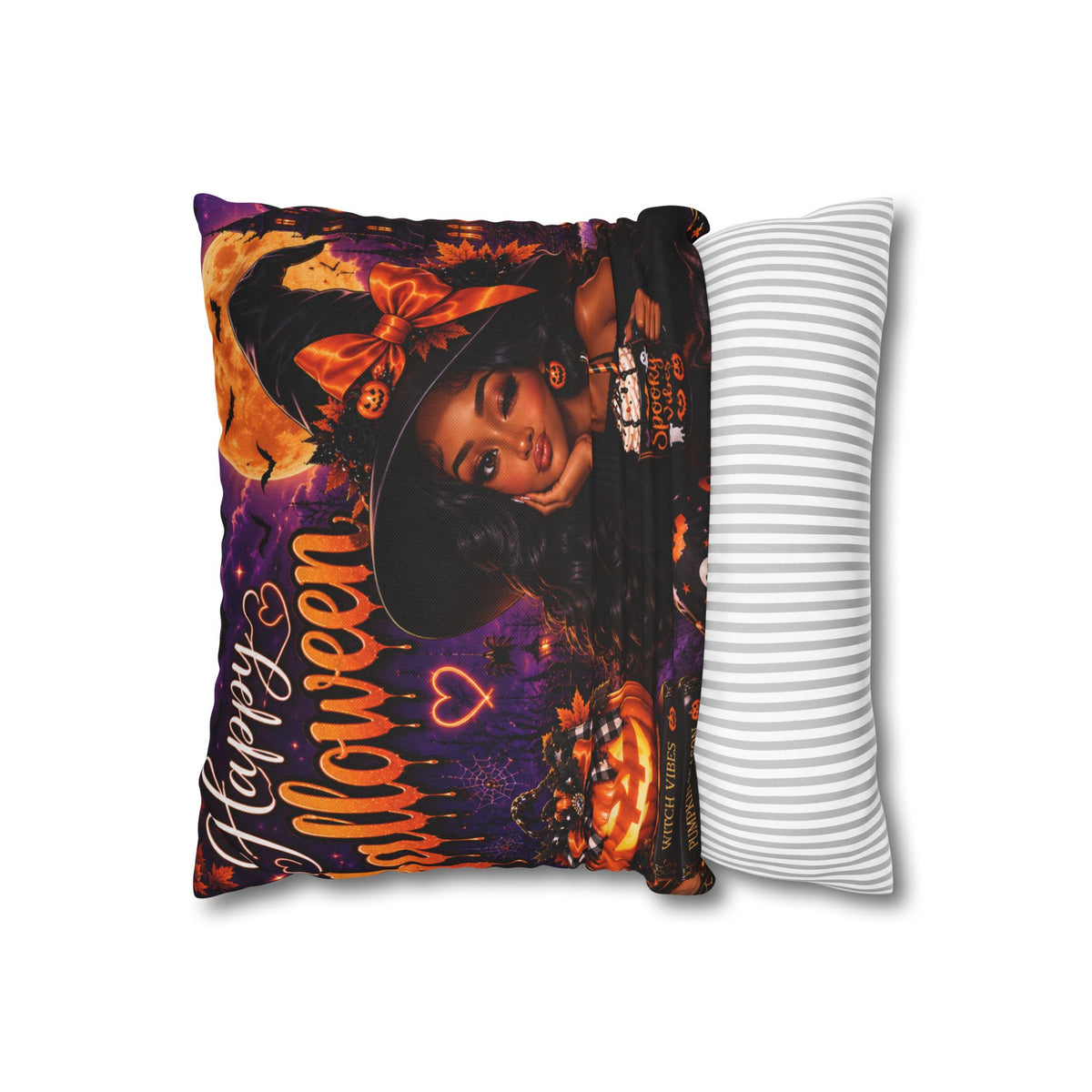 Halloween Witch Pillowcase — "Happy Halloween" Black Girl Witch Decorative Throw Pillow Cover