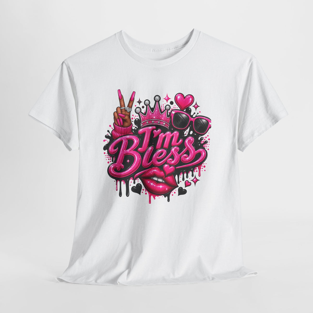 I’m Bless Graphic Tee — Pink Crown, Peace Sign & Lip Streetwear Shirt
