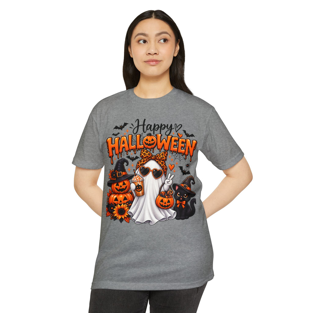 Halloween Ghost Tee - "Happy Halloween" Cute Pumpkin & Black Cat Graphic T-Shirt