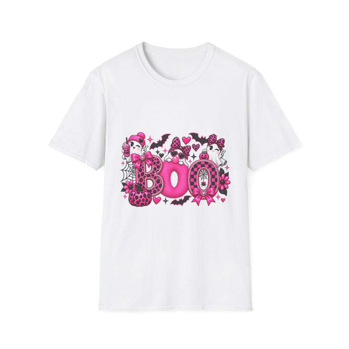 Boo! Pink Gothic Halloween T-Shirt — Cute Ghosts, Bats & Hearts Design