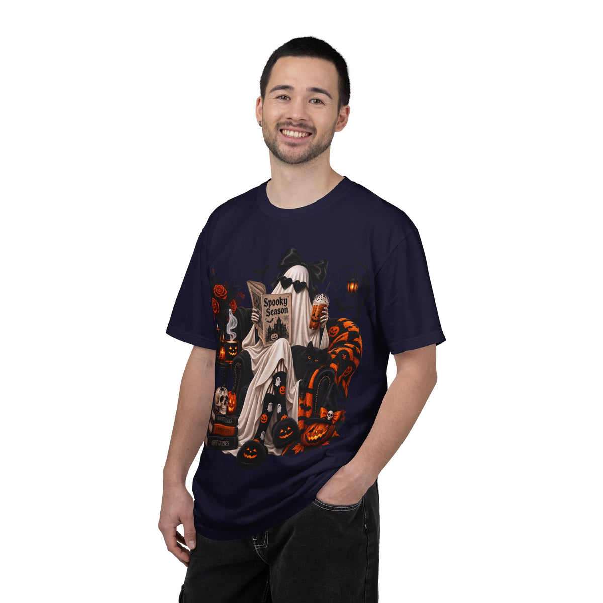 Halloween Ghost Reading T-Shirt — Spooky Pumpkin & 'Spooky Season' Graphic