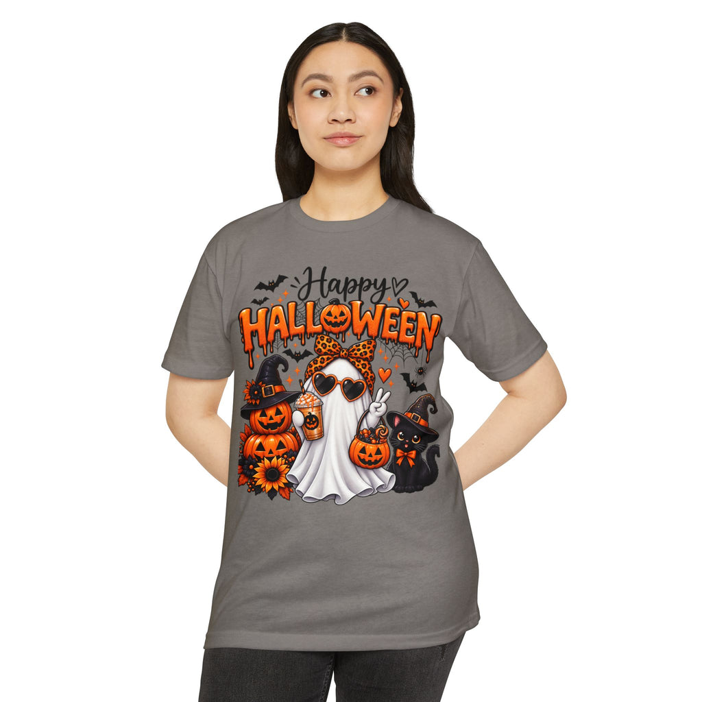 Halloween Ghost Tee - "Happy Halloween" Cute Pumpkin & Black Cat Graphic T-Shirt