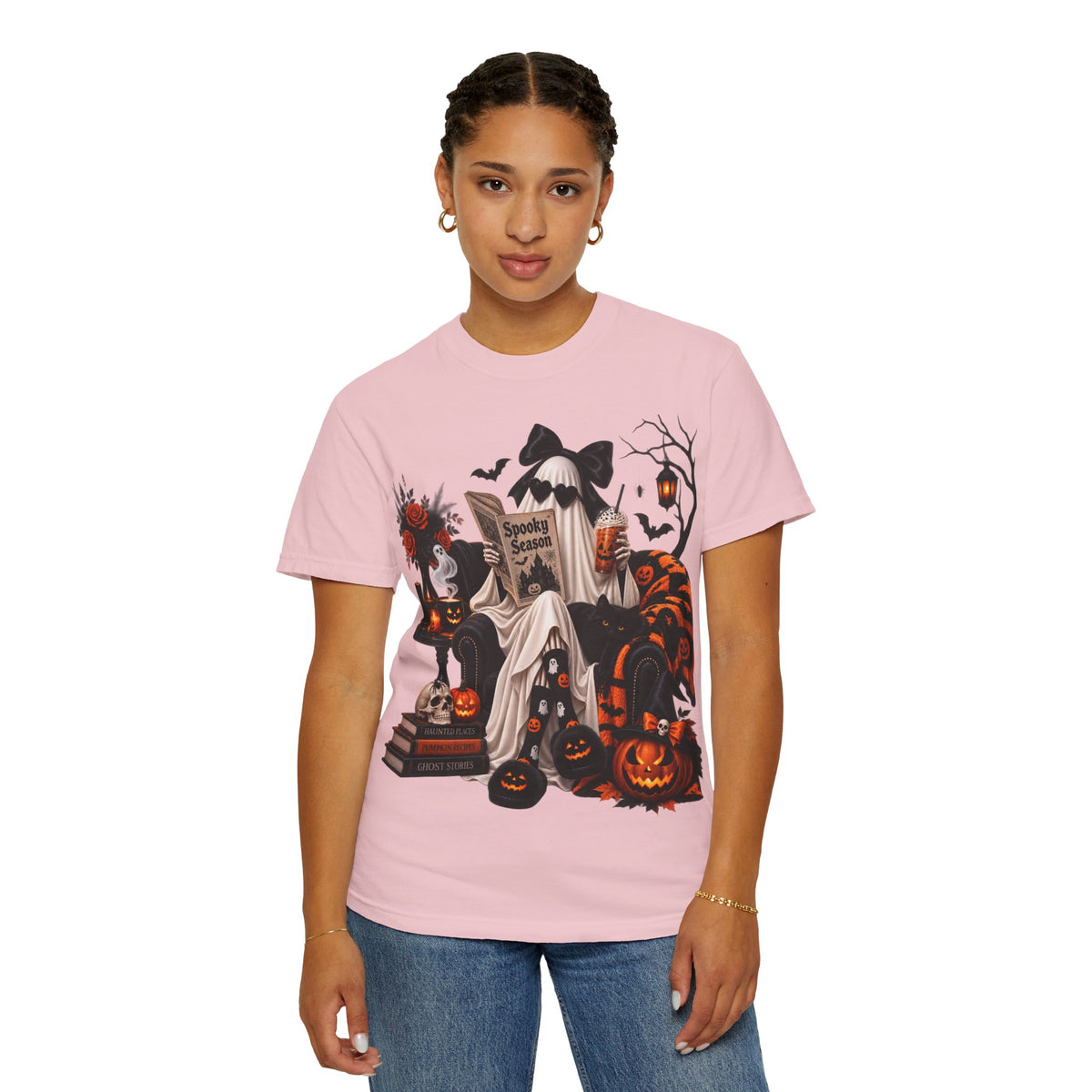 Halloween Ghost Reading T-Shirt — Spooky Pumpkin & 'Spooky Season' Graphic