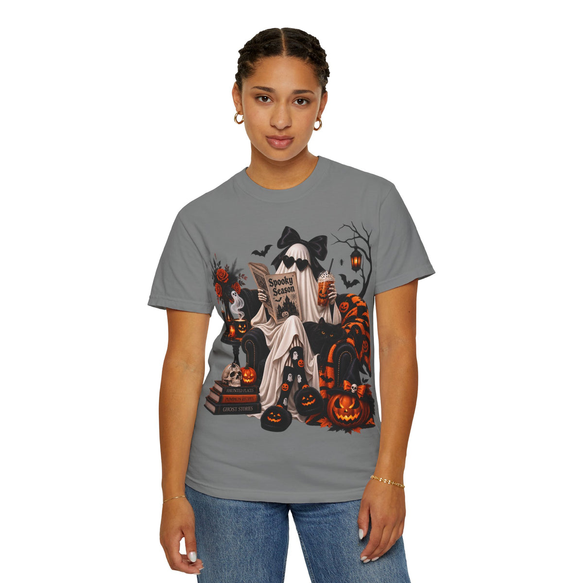 Halloween Ghost Reading T-Shirt — Spooky Pumpkin & 'Spooky Season' Graphic