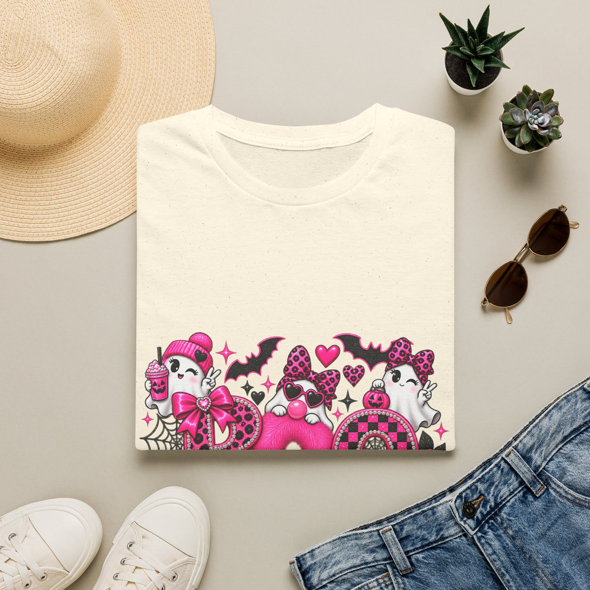 Boo! Pink Gothic Halloween T-Shirt — Cute Ghosts, Bats & Hearts Design