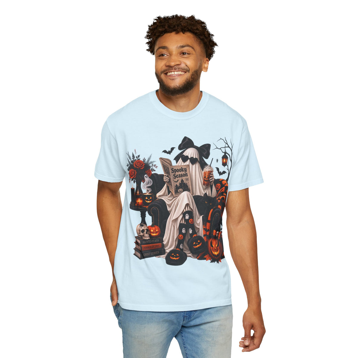 Halloween Ghost Reading T-Shirt — Spooky Pumpkin & 'Spooky Season' Graphic