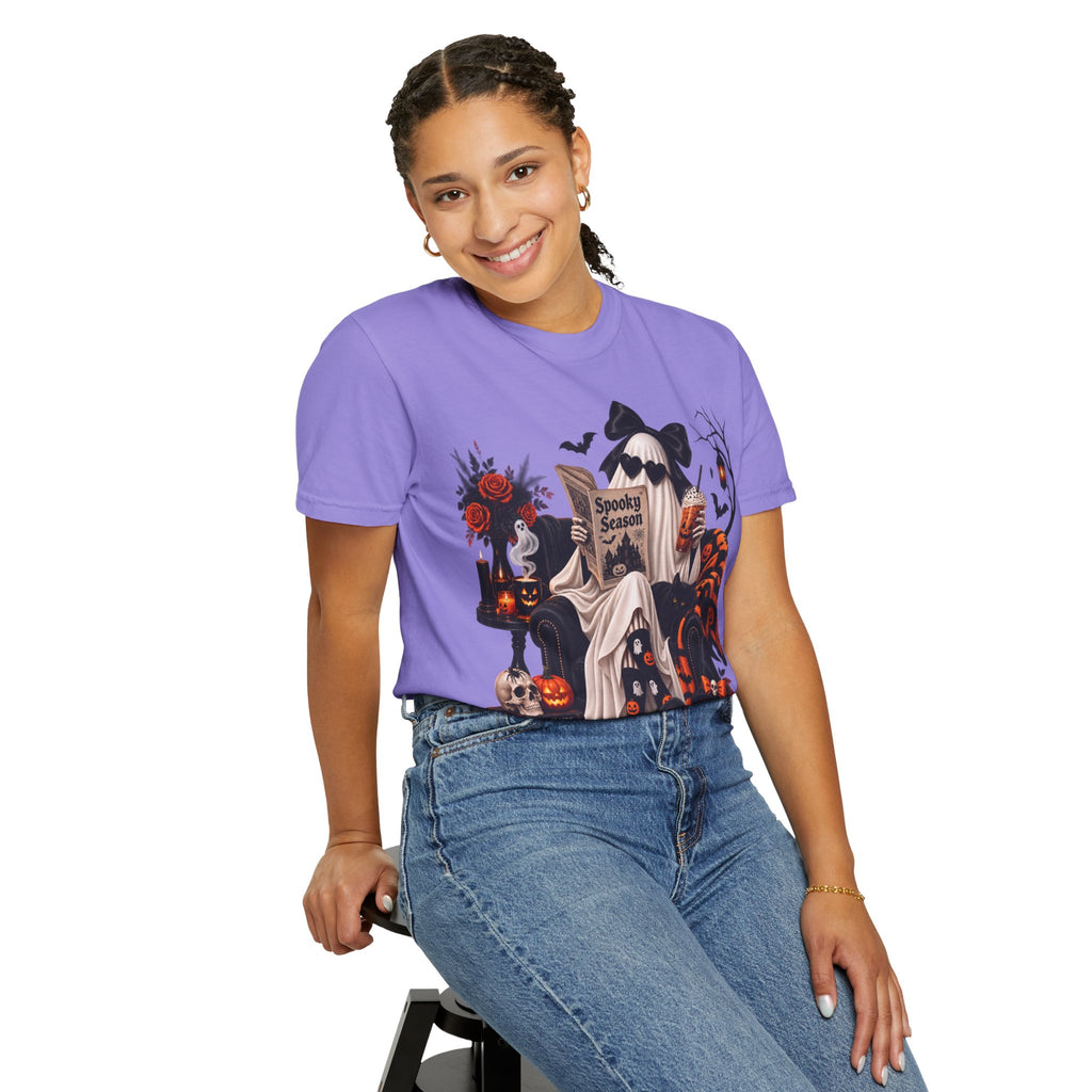 Halloween Ghost Reading T-Shirt — Spooky Pumpkin & 'Spooky Season' Graphic