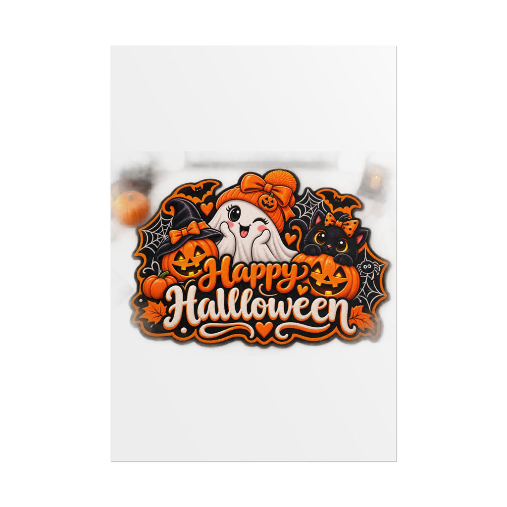 Happy Halloween Rolled Poster — Cute Ghost, Pumpkins & Black Cat Halloween Wall Art