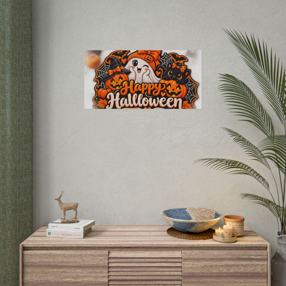 Happy Halloween Rolled Poster — Cute Ghost, Pumpkins & Black Cat Halloween Wall Art