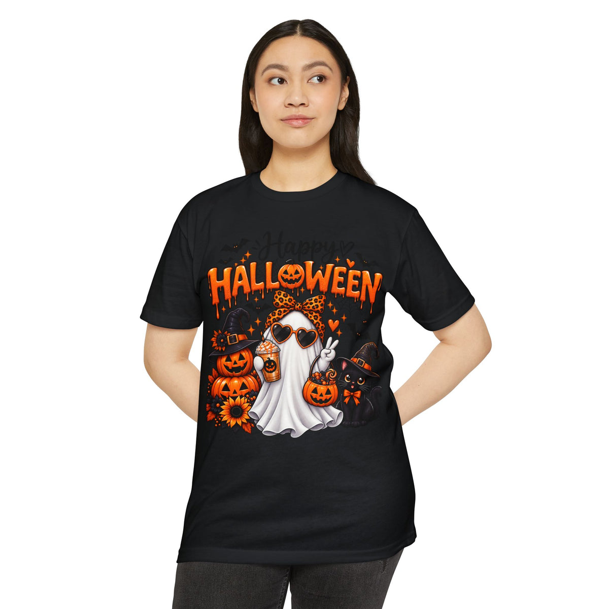 Halloween Ghost Tee - "Happy Halloween" Cute Pumpkin & Black Cat Graphic T-Shirt