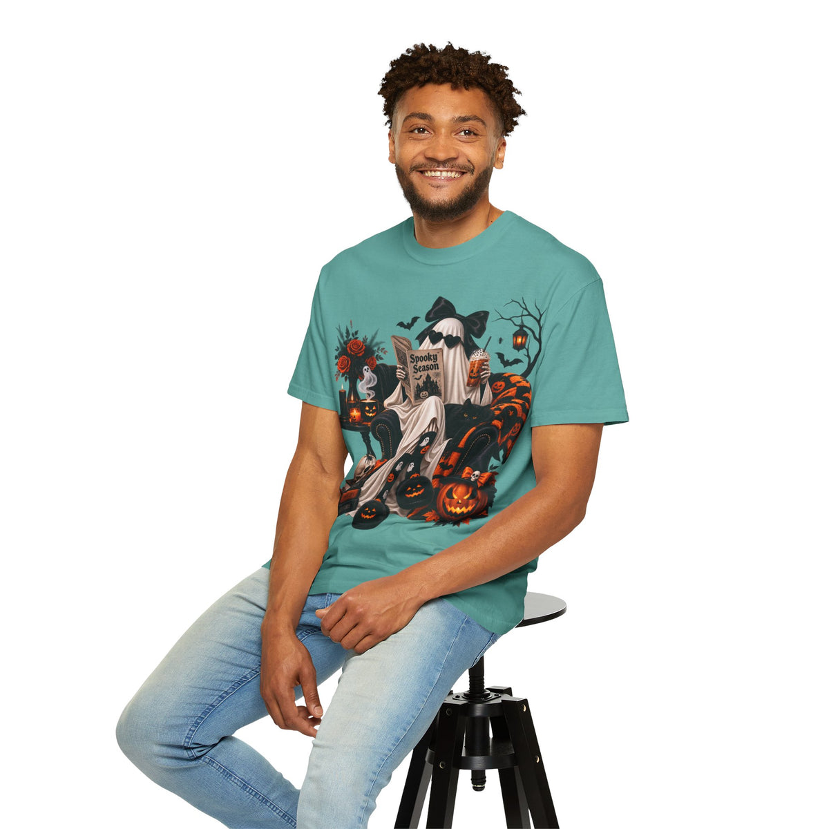 Halloween Ghost Reading T-Shirt — Spooky Pumpkin & 'Spooky Season' Graphic