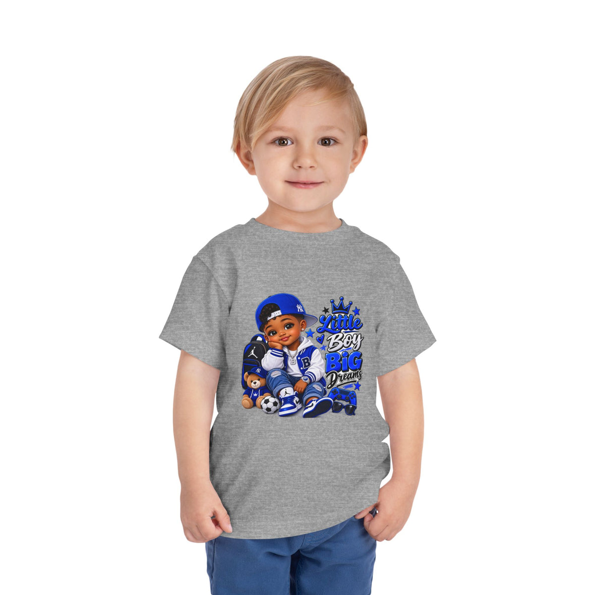 Toddler Tee — "Little Boy Big Dreams" Blue Sports Graphic