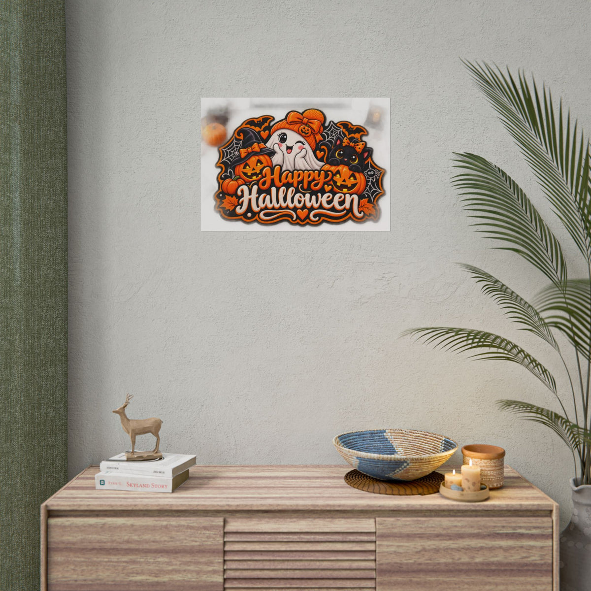 Happy Halloween Rolled Poster — Cute Ghost, Pumpkins & Black Cat Halloween Wall Art