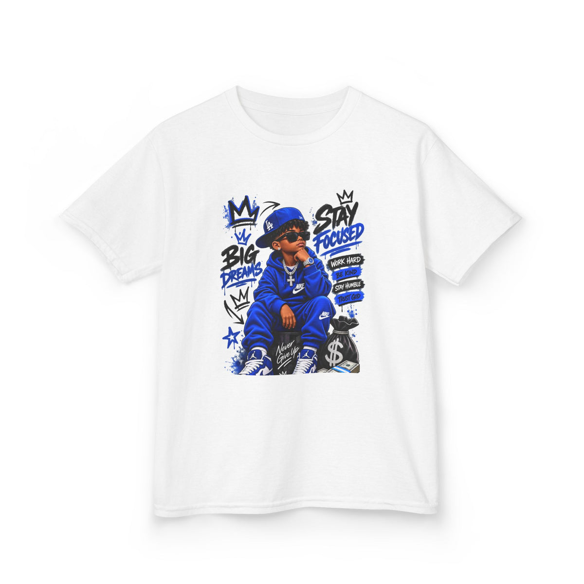 Kids Tee — Blue Streetwear King Graphic (Stay Focused)