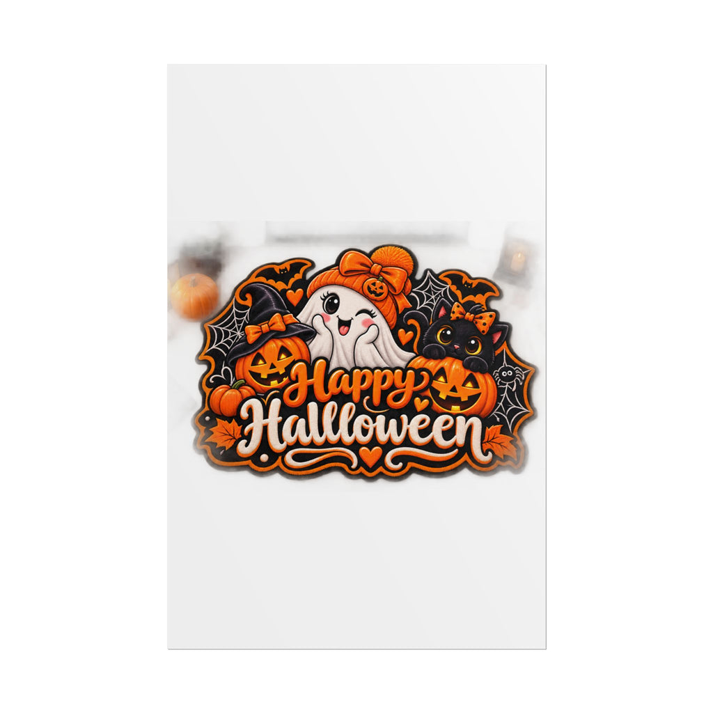 Happy Halloween Rolled Poster — Cute Ghost, Pumpkins & Black Cat Halloween Wall Art