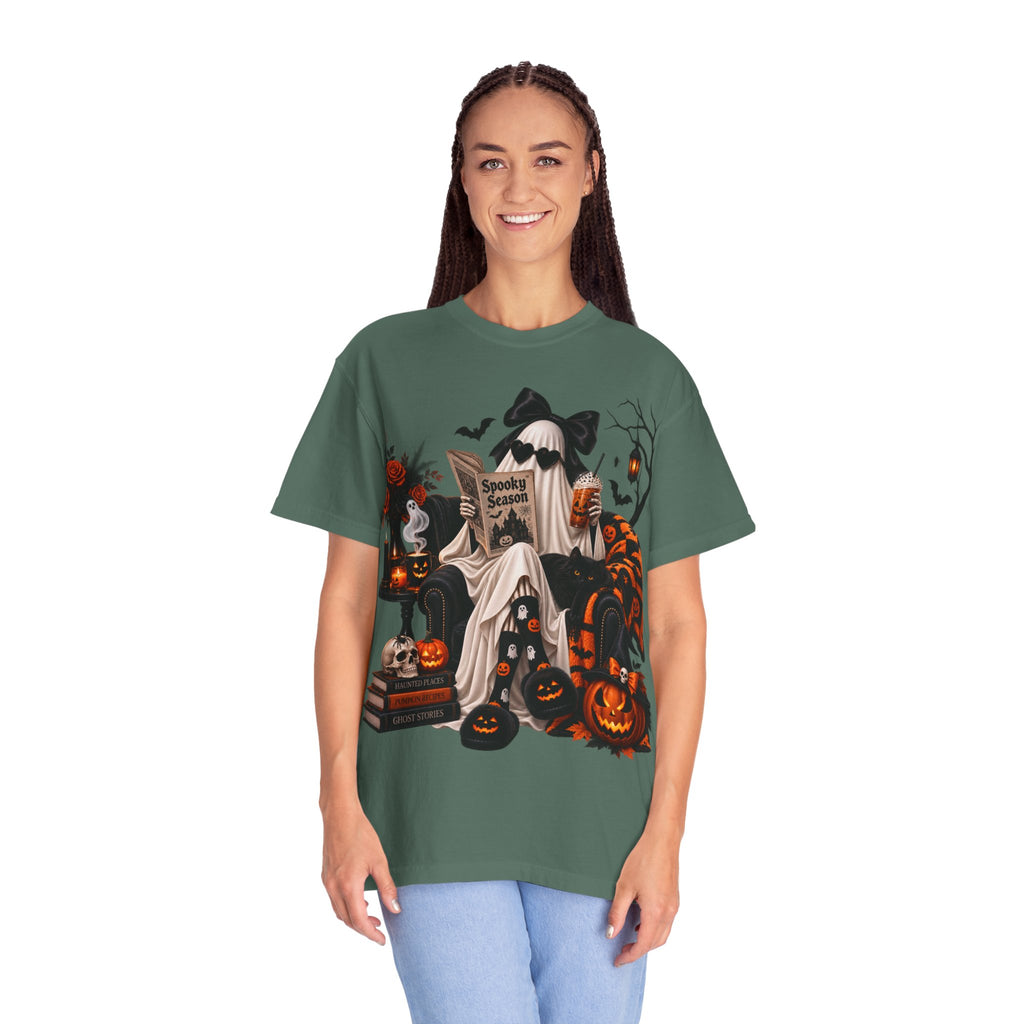 Halloween Ghost Reading T-Shirt — Spooky Pumpkin & 'Spooky Season' Graphic