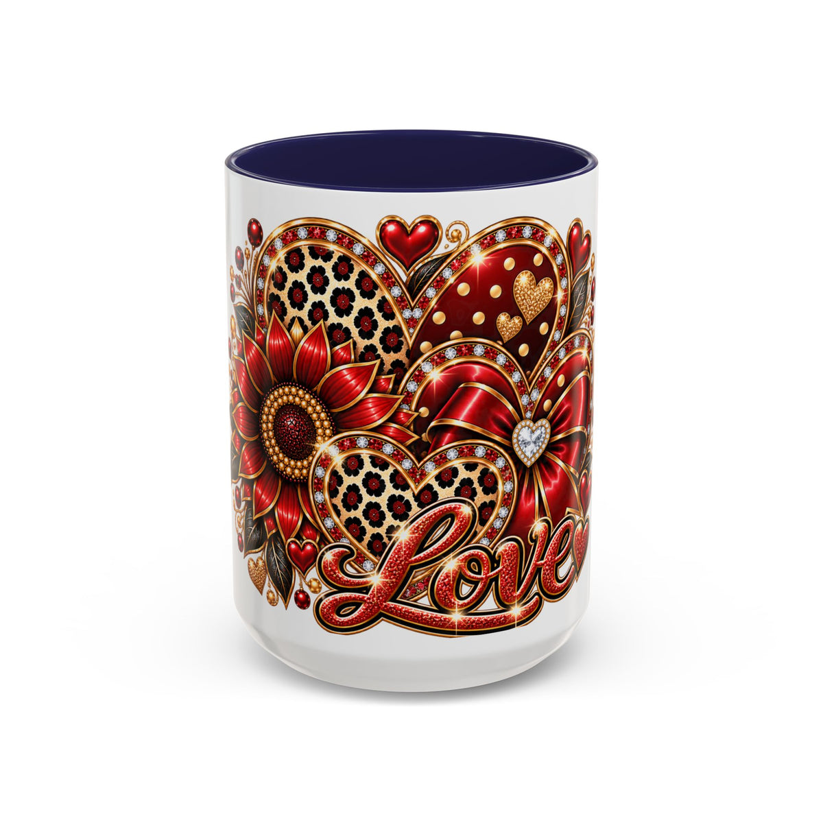 Love Heart Accent Coffee Mug — Red Leopard Floral Valentine Gift (11/15 oz)