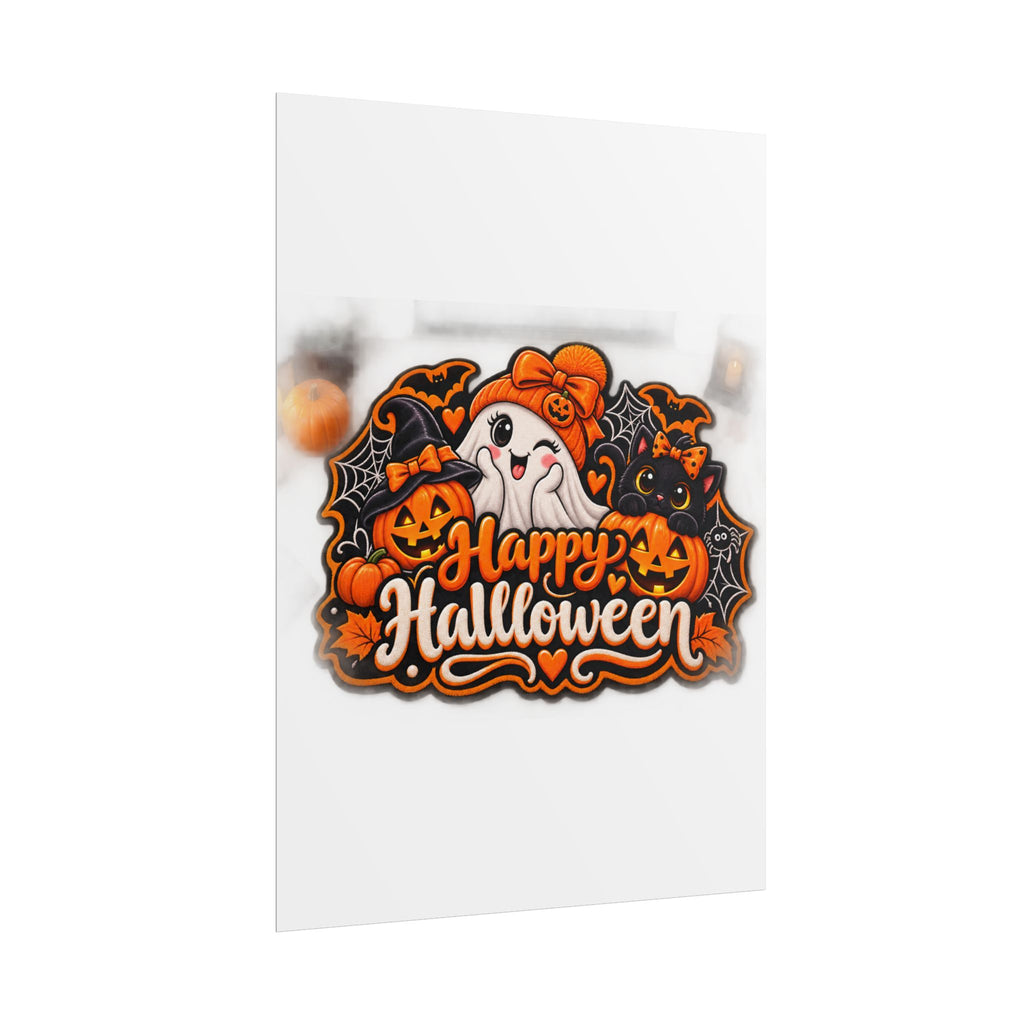 Happy Halloween Rolled Poster — Cute Ghost, Pumpkins & Black Cat Halloween Wall Art