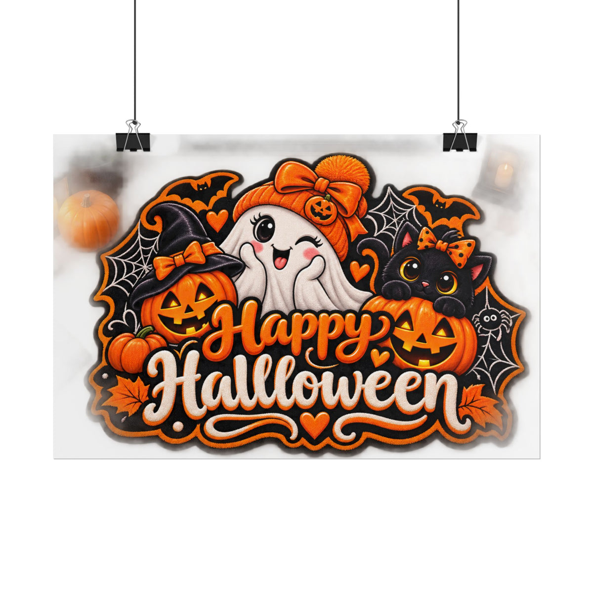 Happy Halloween Rolled Poster — Cute Ghost, Pumpkins & Black Cat Halloween Wall Art
