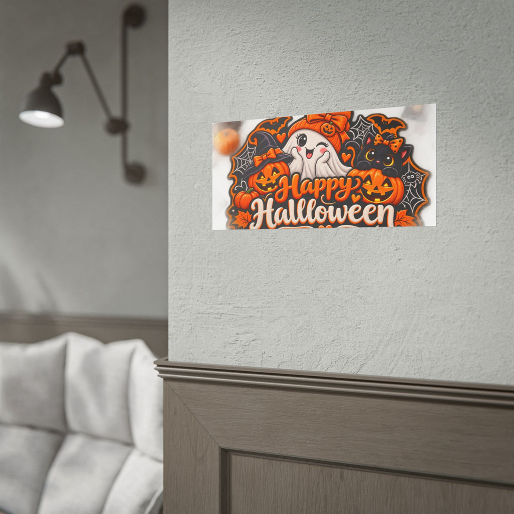 Happy Halloween Rolled Poster — Cute Ghost, Pumpkins & Black Cat Halloween Wall Art