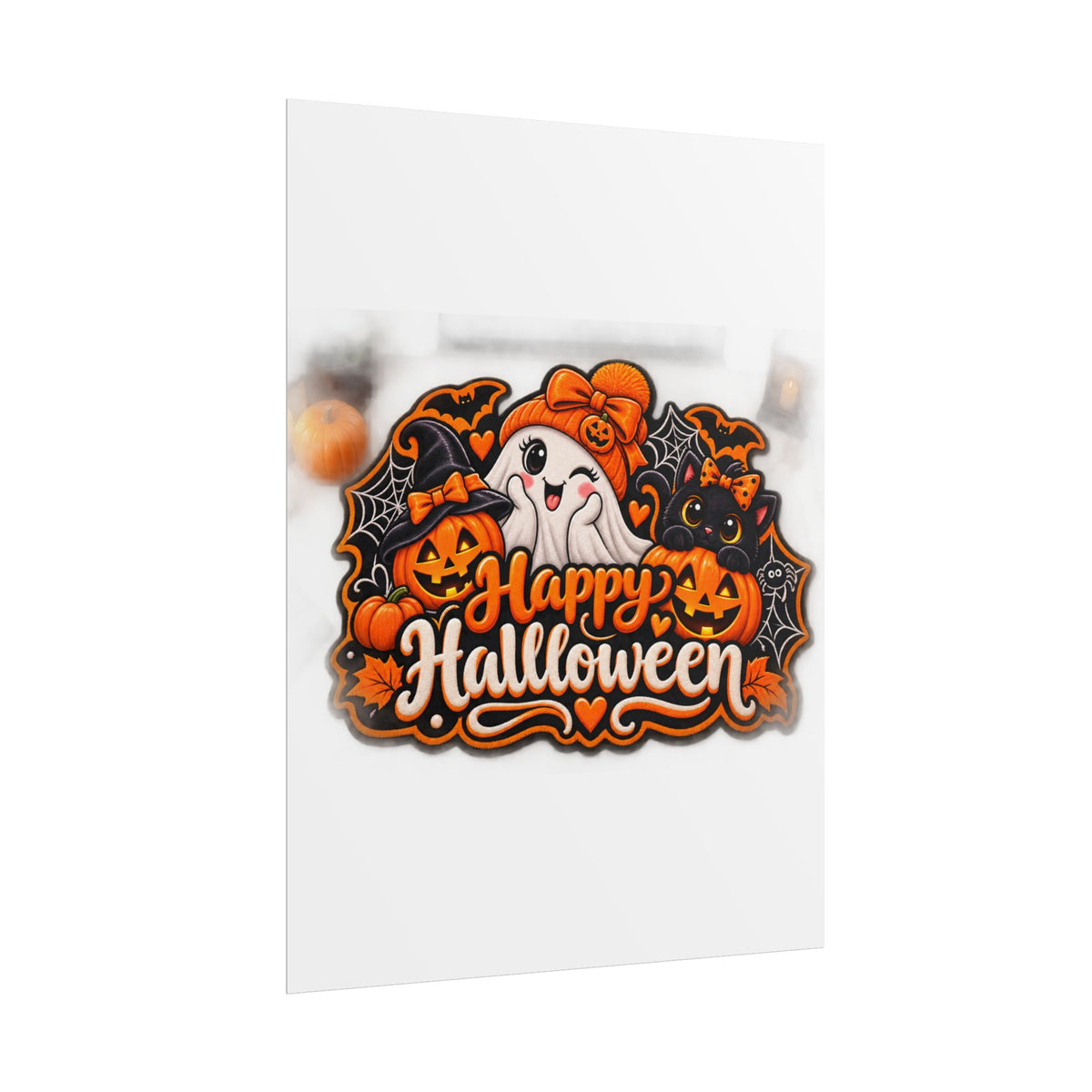 Happy Halloween Rolled Poster — Cute Ghost, Pumpkins & Black Cat Halloween Wall Art
