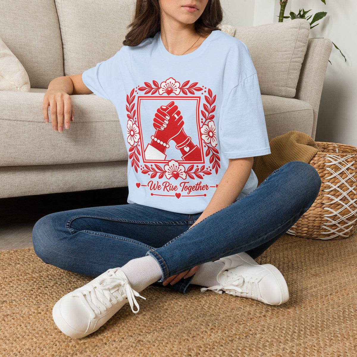 We Rise Together T-Shirt — Red Floral Unity Design