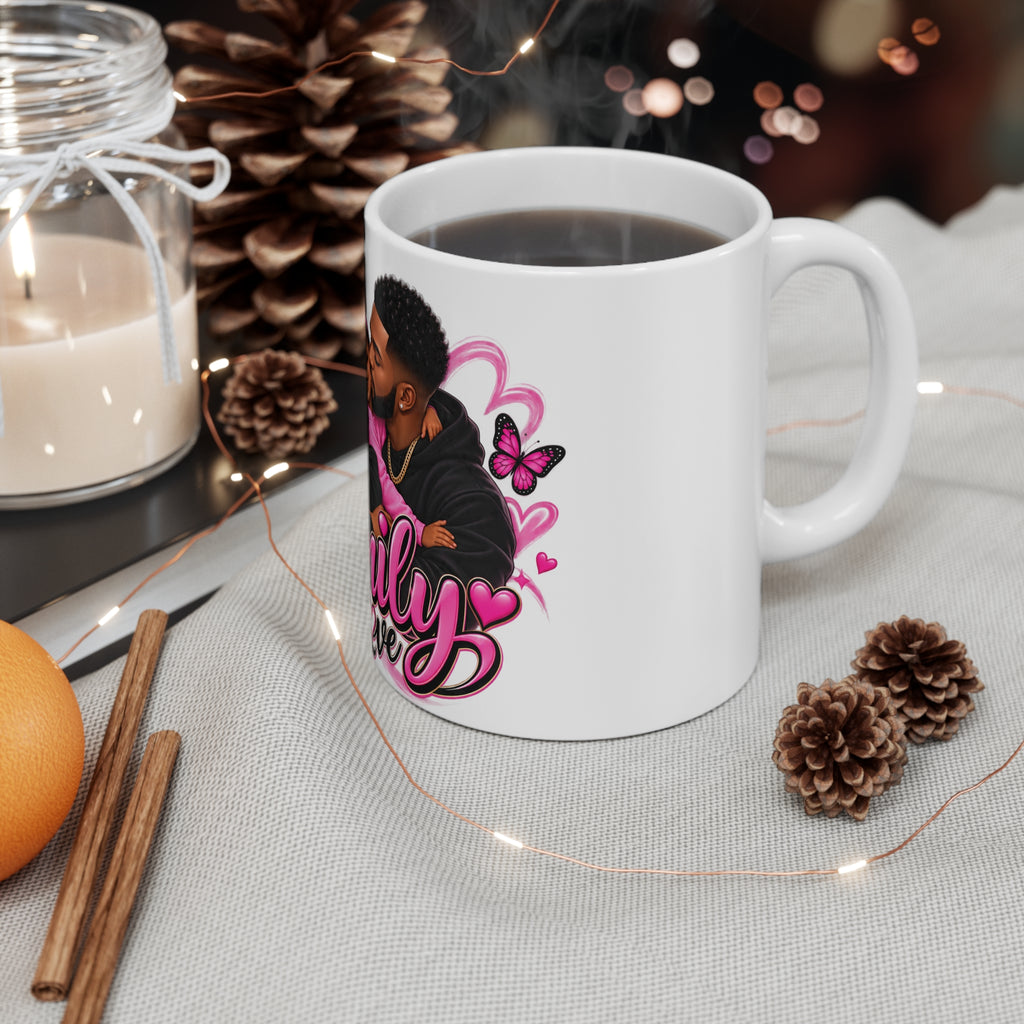 Family Love Mug — Black Family Coffee Cup with Pink Heart & Butterfly Design (11oz)