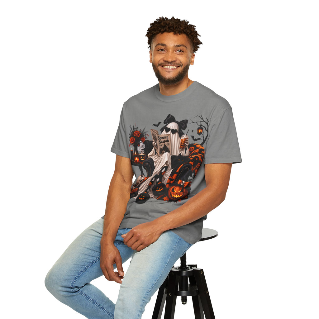 Halloween Ghost Reading T-Shirt — Spooky Pumpkin & 'Spooky Season' Graphic