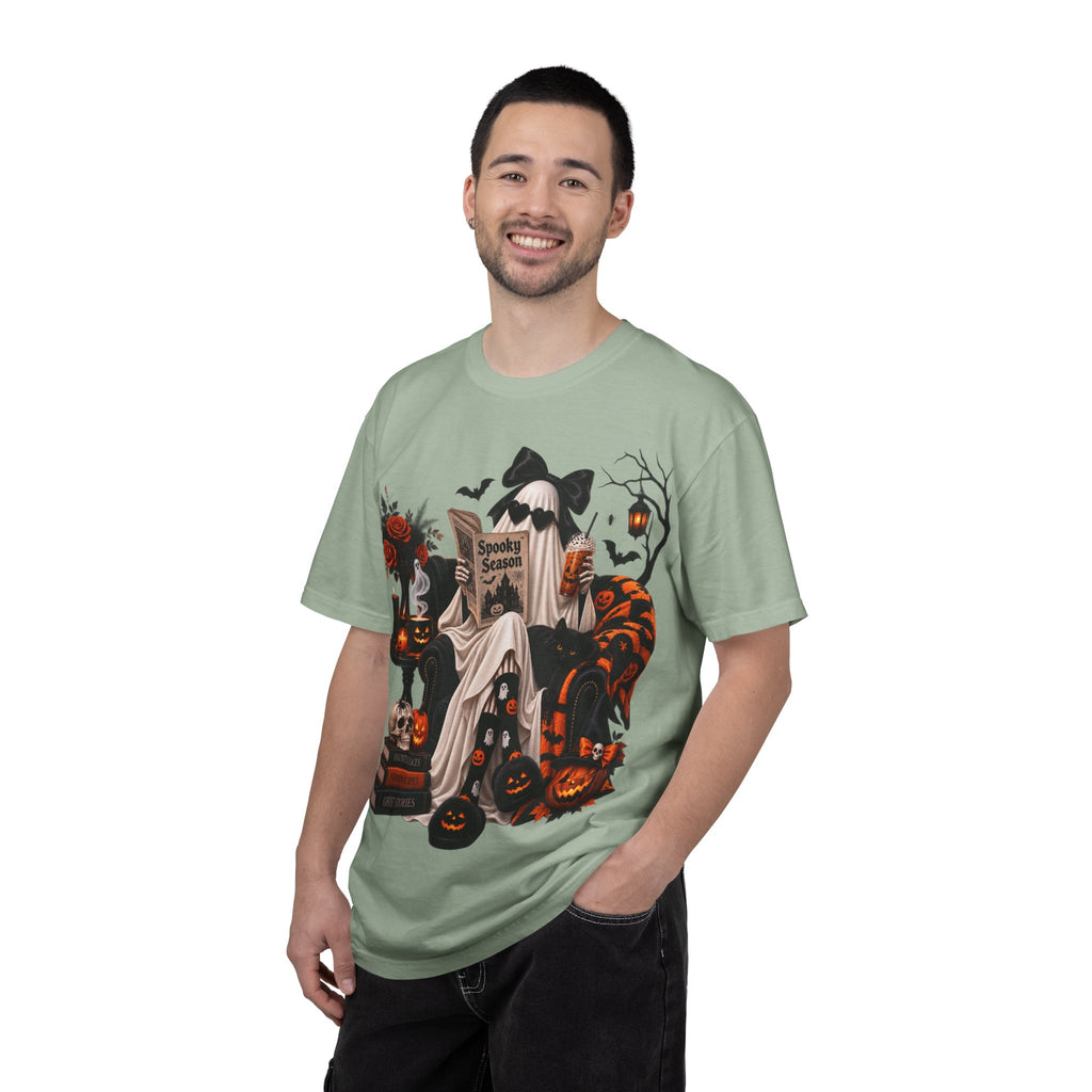 Halloween Ghost Reading T-Shirt — Spooky Pumpkin & 'Spooky Season' Graphic