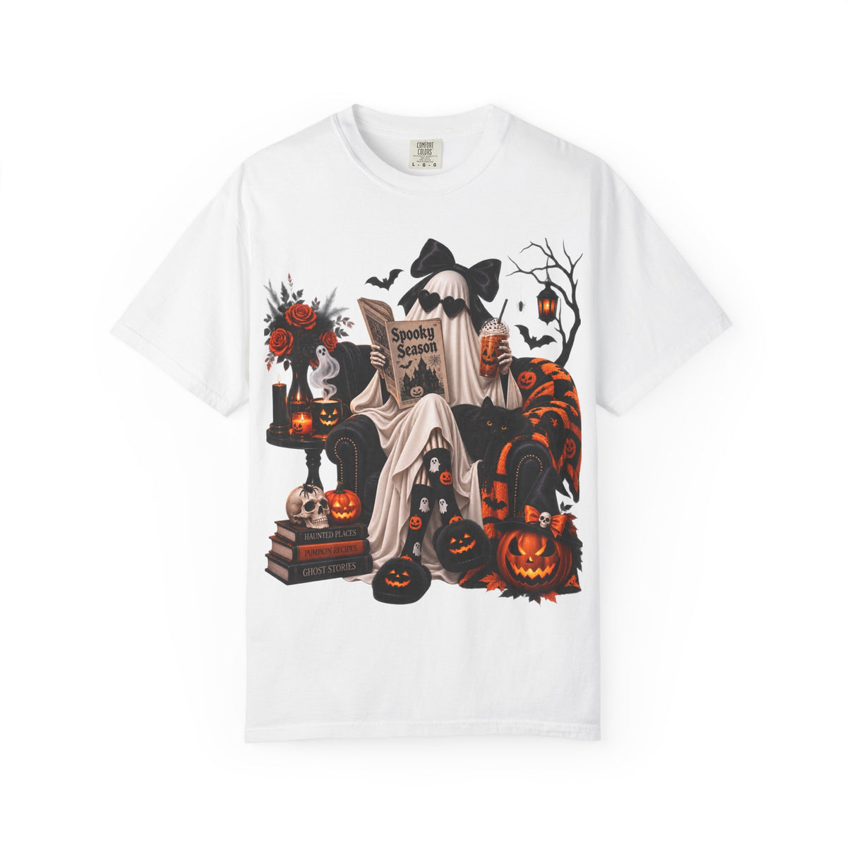 Halloween Ghost Reading T-Shirt — Spooky Pumpkin & 'Spooky Season' Graphic